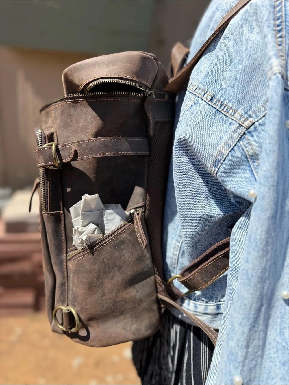 Classic Brown Genuine Leather Backpack. Excellent heavy duty brass hardware.